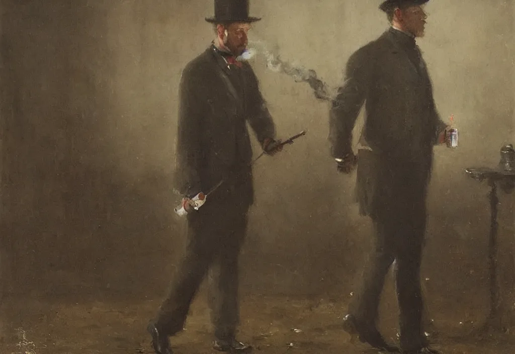 Prompt: victorian man smoking a cigarette, jakub rozalski, high detail, dramatic lighting, night