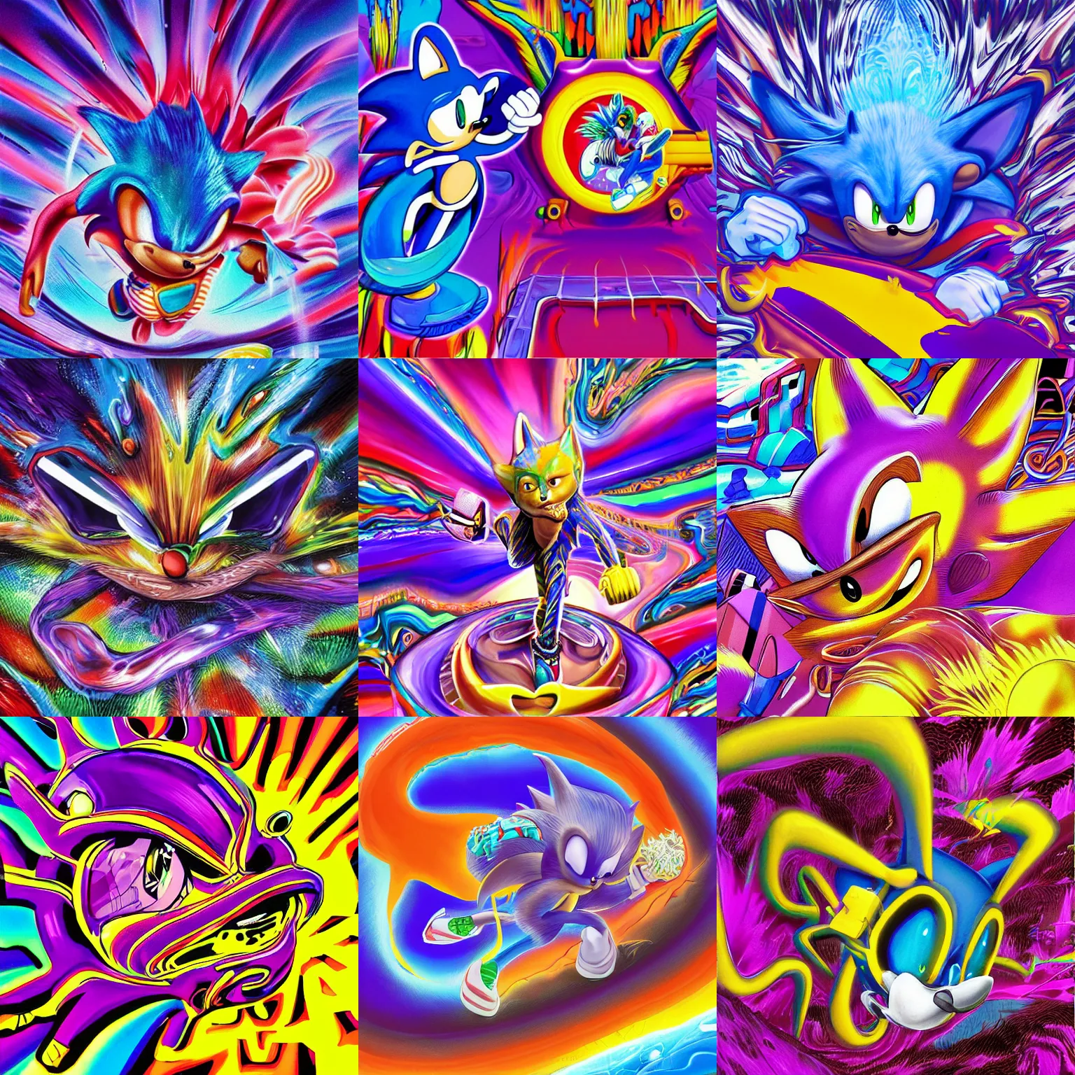 Image similar to surreal, sharp, detailed professional, high quality portrait sonic airbrush art MGMT album cover portrait of a liquid dissolving LSD DMT sonic the hedgehog surfing through cyberspace, purple checkerboard background, 1990s 1992 Sega Genesis video game album cover