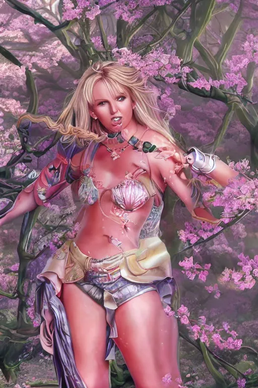 Image similar to hyperdetailed britney spears with sakura trees, cinematic highly detailed artstation hyperstylized illustrated by moebius and yoshitaka amano