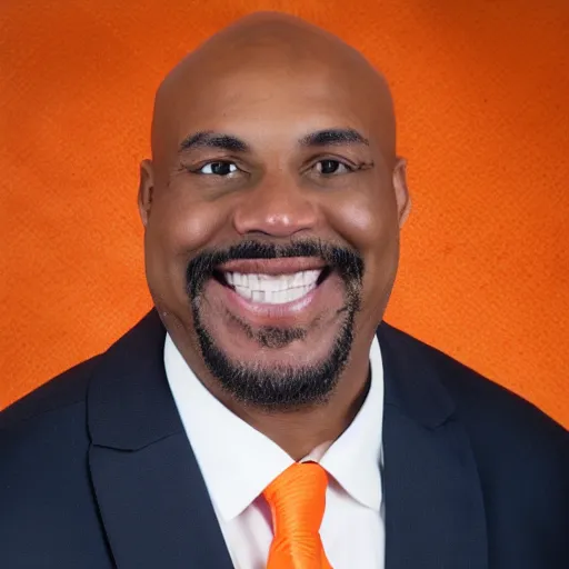 Image similar to a bald middle aged black man with a goatee in an orange gym shirt, high quality portrait