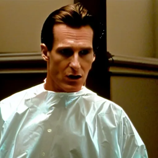 Image similar to cinematic scene of Patrick Bateman from American Psycho in therapy, talking to a therapist in a transparent raincoat