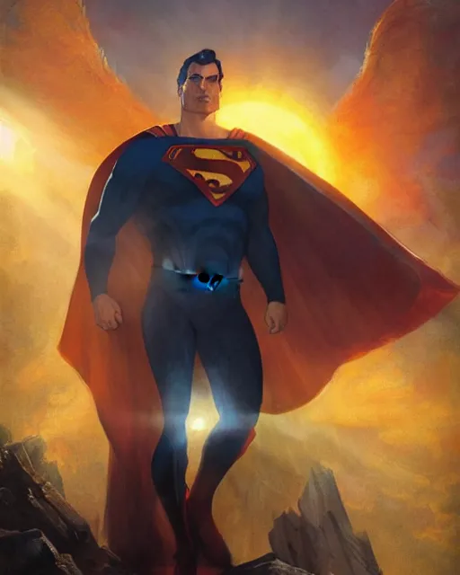 Prompt: superman emerging from the sun, lens flare, elegant, orange yellow ethereal, horror, fantasy art by greg rutkowski and magali villeneuve and claude monet