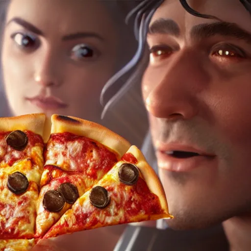 Image similar to man is surprised by pizza, photo by artgerm, greg rutkowski and alphonse mucha, unreal engine 5, 4 k uhd