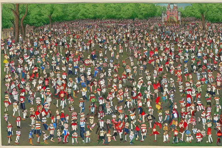 Image similar to an elaborate penned illustration of a convention of waldo's in nee york city and central park, where's wally, where's waldo, by martin hand ford and by jan van haasteren