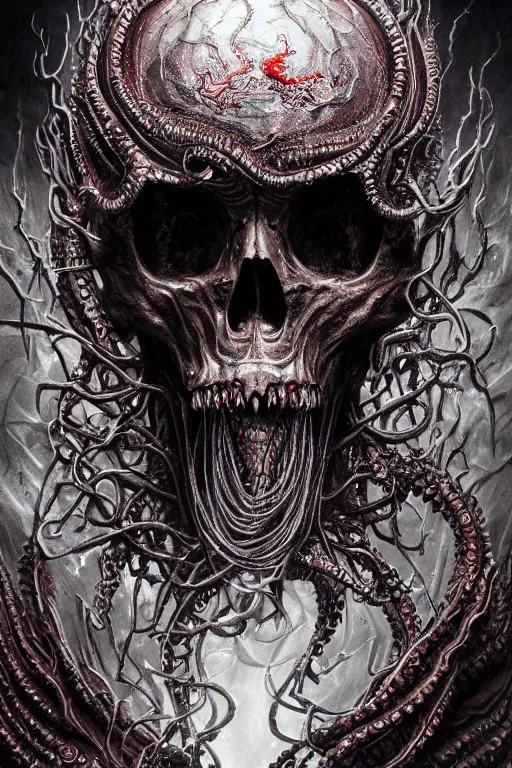 Image similar to realistic portrait of beautifully crystalized and detailed portrait of a melting skull, tentacles, tendrils, eldritch, matte painting of cinematic movie scene red dragon, horror, created by gustave dore and greg rutkowski, high detailed, smooth draw, synthwave neon retro, intricate, realistic proportions, dramatic lighting, trending on artstation.