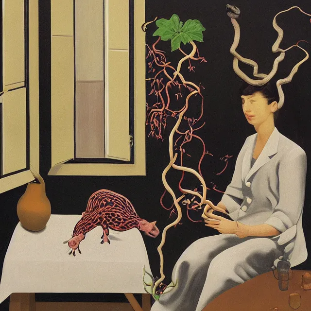 Image similar to a female pathology student in her apartment, wild berry vines, pig, black walls, ikebana, snakes, black armchair, sculpture, acrylic on canvas, surrealist, by magritte and monet