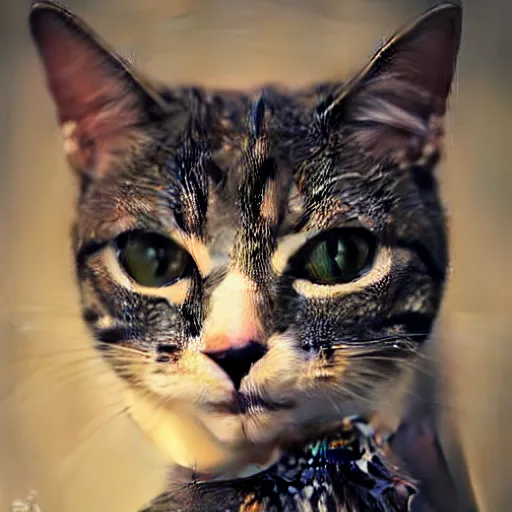 Image similar to photo portrait of a cat made in a professional studio, professional portfolio of a cat, trending on artstation, super detailed, everything in a beautiful light, stylishly designed background, fantasy art, photoshop