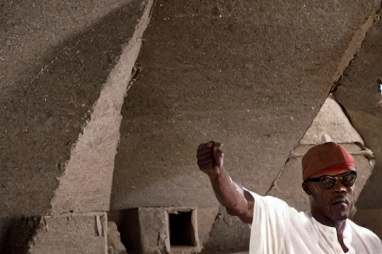 Image similar to samuel l jackson explores the inside of a pyramid in egypt