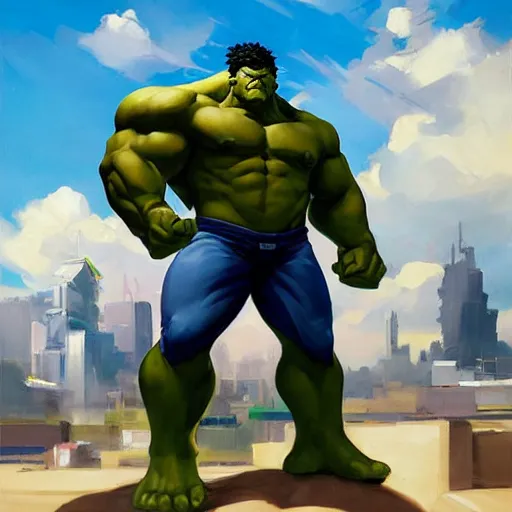 Image similar to greg manchess portrait painting of armed mega shonen hulk as overwatch character, medium shot, asymmetrical, profile picture, organic painting, sunny day, matte painting, bold shapes, hard edges, street art, trending on artstation, by huang guangjian and gil elvgren and sachin teng