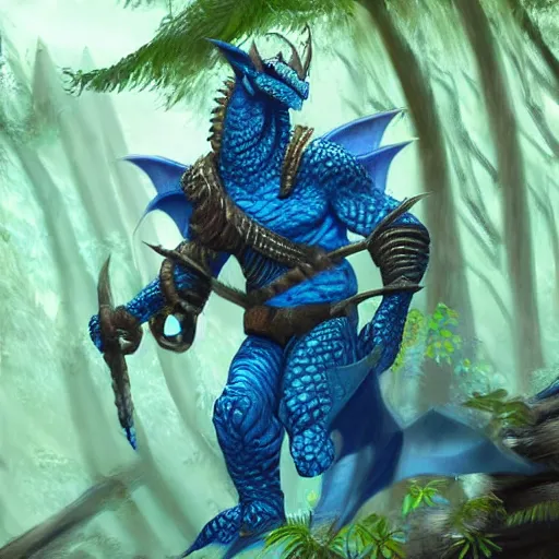 Image similar to A dragonborn with blue scales in a rainforest, trending on artstation, digital art