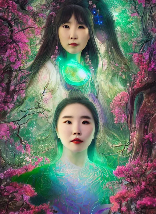 Image similar to portrait of IU Lee Ji-Eun as a Celestial Goddess of a futuristic pearlescent holographic, inside future fighter, sci-fi, fantasy, intricate, lush garden spaceship with sakura season flowers in Kyoto Japan, elegant, human anatomy, royal green and nature light, highly detailed, digital painting, artstation, concept art, smooth, sharp focus, illustration, art by tian zi and WLOP and alphonse mucha, masterpiece, 3d blender