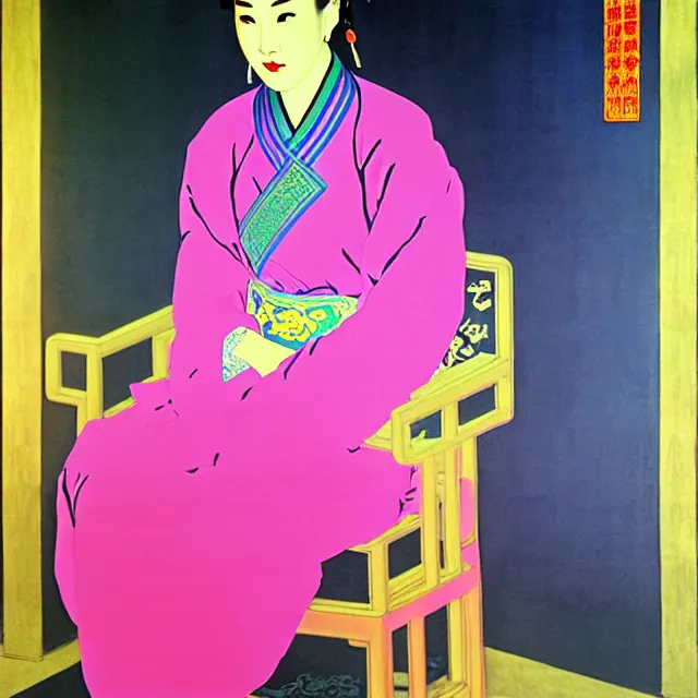 Image similar to a beautiful painting cyberpunk the empress of the qing dynasty of china, by andy warhol henri matisse art deco lumion render realistic oil painting