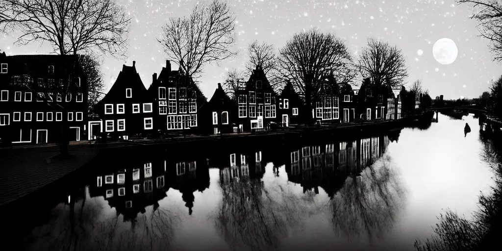 Image similar to Dutch houses along a river, silhouette!!!, Circular white full moon, black sky with stars, lit windows, stars in the sky, b&w!, Reflections on the river, a man is punting, flat!!, Front profile!!!!, (high contrast), HDR, soft!!, street lanterns, 1904, illustration, shadowy figures