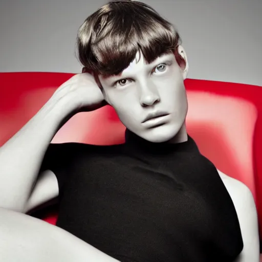 Prompt: close up of fashion model sitting on red chair, official jil sander editorial