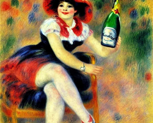 Image similar to vintage, big champagne bottle. cancan girl sitting on the big bottle, french, realistic, cheerful, 1 9 0 2, art by renoir