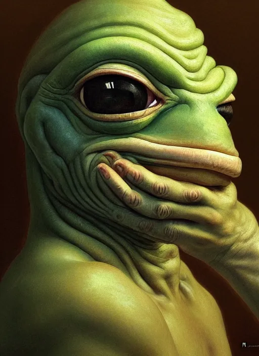 Prompt: 4 chan pepe, kek, ancient god, sad, portrait, intricate, elegant, highly detailed, digital painting, artstation, concept art, wallpaper, smooth, sharp focus, illustration, art by h. r. giger and artgerm and greg rutkowski and alphonse mucha