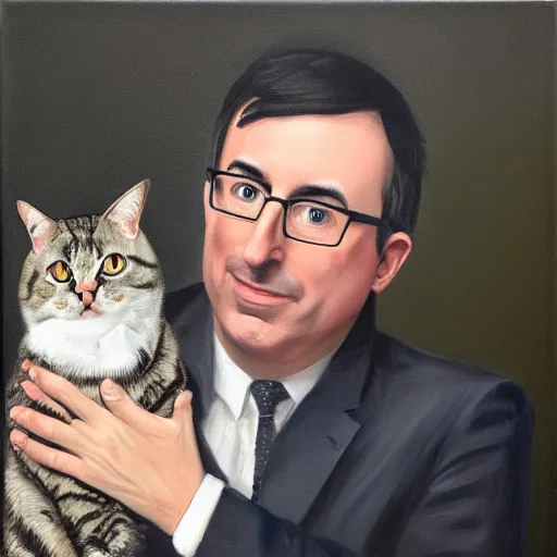 Prompt: John Oliver, stroking a cat. Oil painting, portrait.