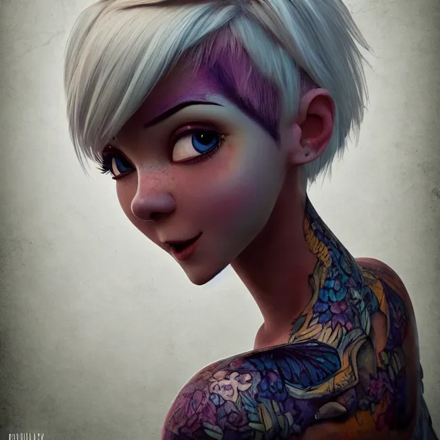 Image similar to full body pose, beautiful adult fairy, pixar, short white hair shaved sides, dirty, grungy, grunge, long sleeve, painted overalls, stacks of giant books, highly detailed, 4 k, hdr, smooth, sharp focus, high resolution, award - winning photo, artgerm, photorealistic