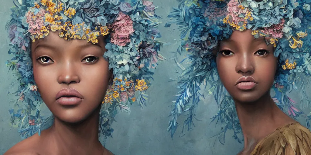 Image similar to breathtaking detailed concept art painting blend of two afroamerican goddess of light blue flowers by hsiao - ron cheng with anxious piercing eyes, vintage illustration pattern with bizarre compositions blend of flowers and fruits and birds by beto val and john james audubon, exquisite detail, extremely moody lighting, 8 k