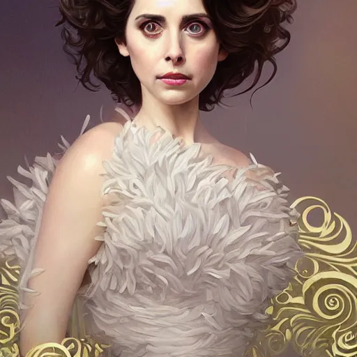 Image similar to ultra realistic illustration, alison brie wearing a curly english mustache, intricate, elegant, highly detailed, digital painting, artstation, concept art, smooth, sharp focus, illustration, art by artgerm and greg rutkowski and alphonse mucha