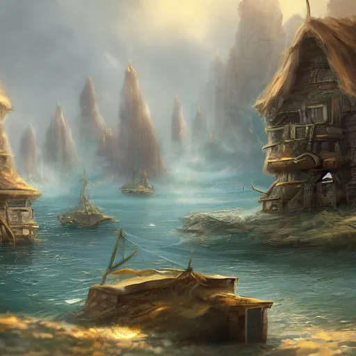 Image similar to a sea village, fantasy style, trending on artstation