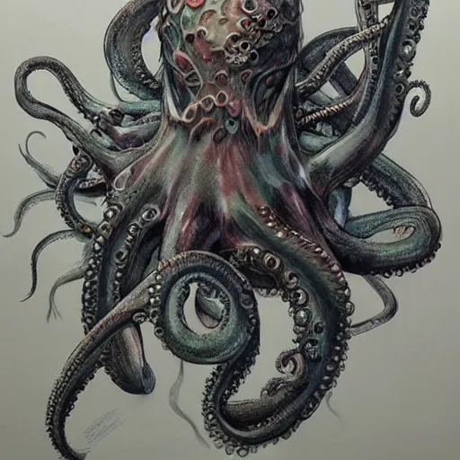 Image similar to Painting, Creative Design, Anthropomorphic octopus, Biopunk, Body horror, by Marco Mazzoni