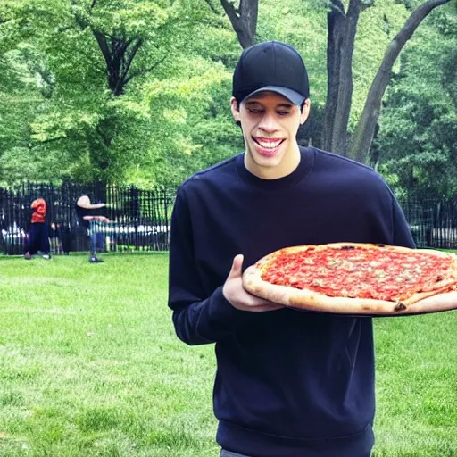 Image similar to pete davidson happily carrying a fresh pizza without a box, just the pizza, outside in a park