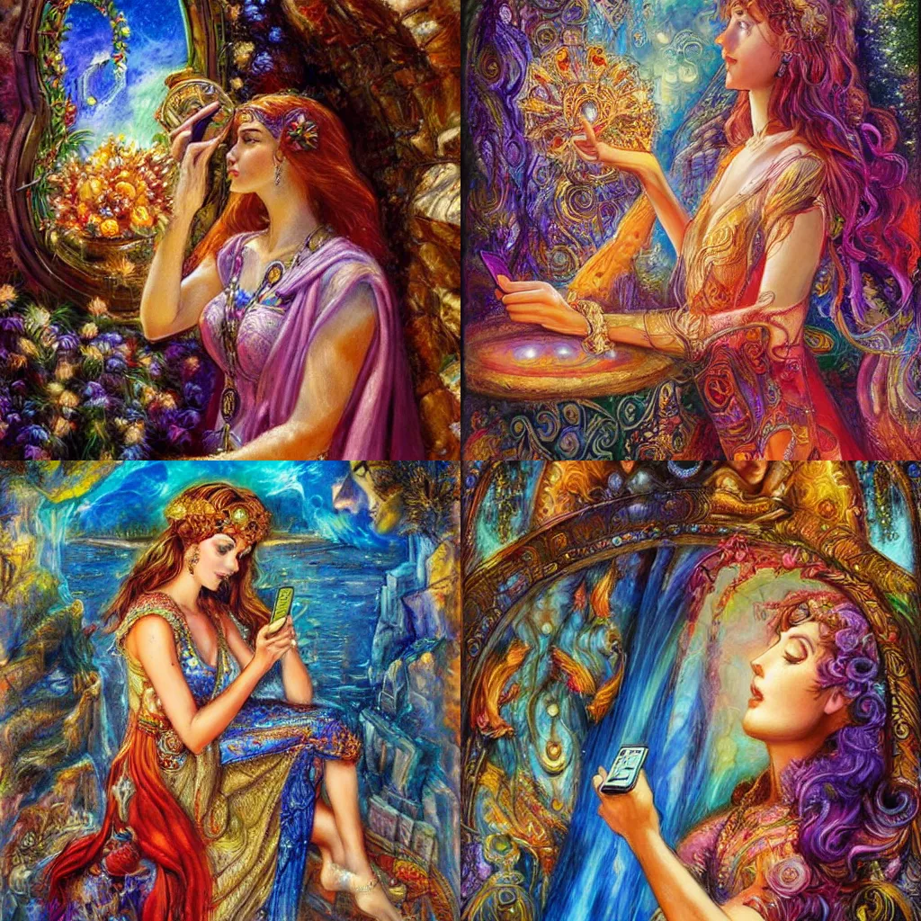 Image similar to goddess checking her phone, by josephine wall, trending on artstation