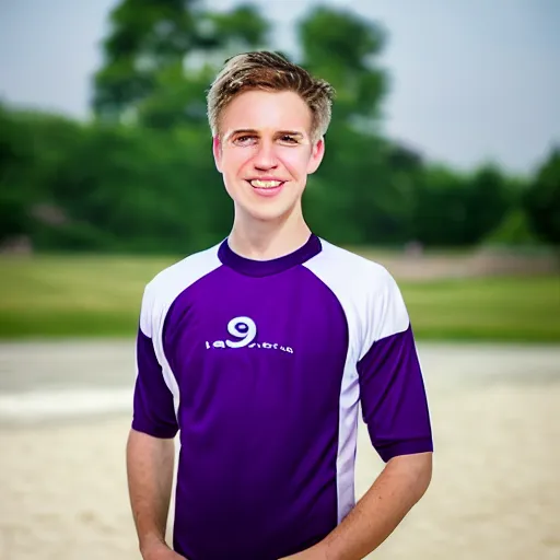 Image similar to photographic portrait by Annie Leibovitz of a young white male smiling with short brown hair that sticks up in the front, dark eyes, groomed eyebrows, tapered hairline, sharp jawline, wearing a purple white volleyball jersey, sigma 85mm f/1.4, 15mm, 35mm, 4k, high resolution, 4k, 8k, hd, full color