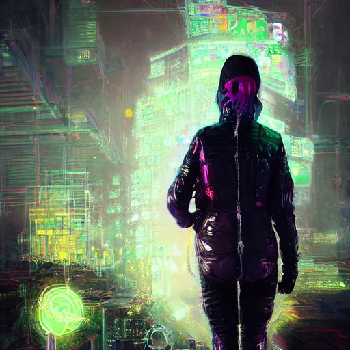 Prompt: portrait of a skill magic deepdream guard girl cyberpunk futuristic, reflective puffer jacket, black leggings from the back radiating a glowing aura by ismail inceoglu dragan bibin hans thoma, perfect face, fine details, realistic shaded, fine - face, pretty face