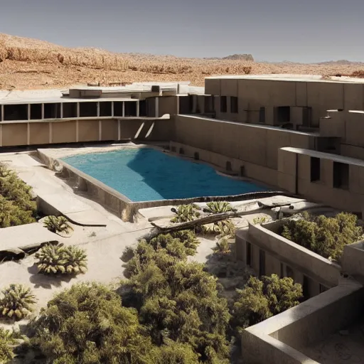 Image similar to brutalism conceptual hotel in the desert, biophilia mood, pool, garden, highly detailed, cinematic, photorealistic,