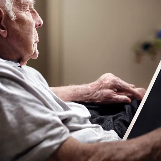 Image similar to elderly man sitting inside a casket browsing internet on laptop from a casket casket