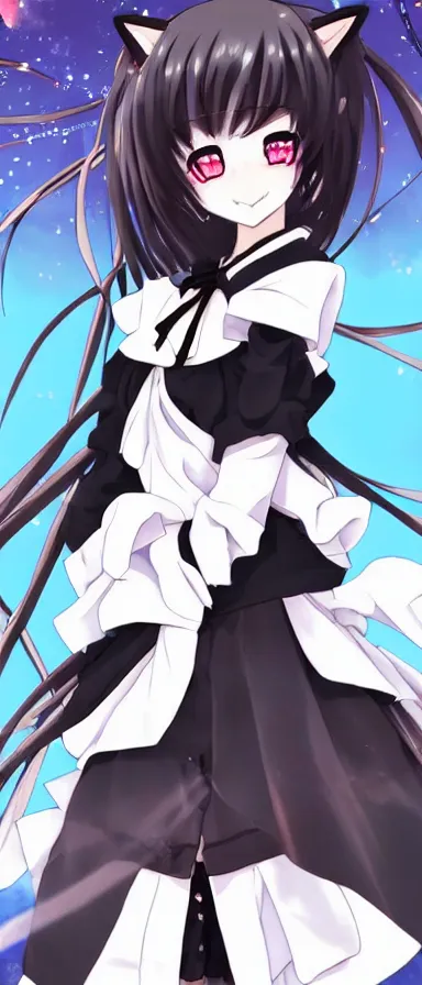 Image similar to Anime Screenshot of a “red-eyed black-haired anime fox girl” wearing black fingerless-gloves, high-waist-black-skirt, white-collared-shirt blue-open-jacket, black-necktie, unsheathing her katana, white background, visual-key, anime illustration, pixiv, anime-twitter