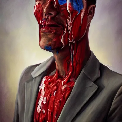 Image similar to a painting of a man with blood on his face, a surrealist painting by Brian Despain, trending on cgsociety, neo-figurative, dystopian art, macabre, cosmic horror