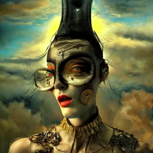 Prompt: 3 d, close - up, screaming fashion model face, sun, cinematic, clouds, vogue cover style, dystopian art, poster art, futuristic, fantasy artrealistic painting, intricate oil painting, high detail illustration, by guillermo del toro and james jean and david diao