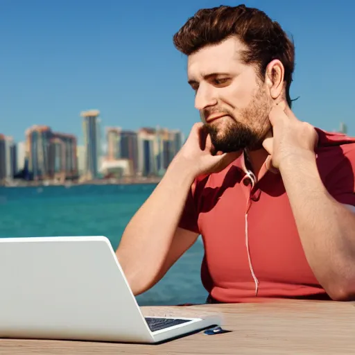 Prompt: storyboard sketch image of man working on laptop at sunny beach, perfect face, fine details