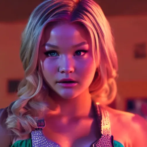 Image similar to cinematic scene with olivia holt as jolyne from jojo's bizarre adventure, live action film, stone ocean, dramatic, small details, volumetric lighting, still frame