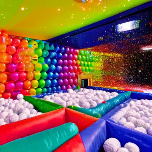 Prompt: Colourful snowball fight in a never ending ball pit lit by flashing pixel light 8k Resolution beautiful painting