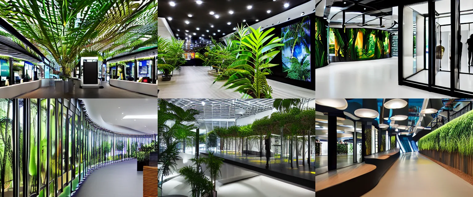 Prompt: an indoor tropical rain forest with a flagship Samsung store with black walls. timber floor. high ceilings with spots. the warm sun shines through large windows illuminating an internal forest. beautiful modern wood furniture with phones and tablets, large digital screens with videos on the walls, Architectural photography. 14mm. High Res 8K. award winning architectural design, Minimalist, High-tech environment, warm and happy, clean shapes, inviting, environment friendly, so many plants, overgrown