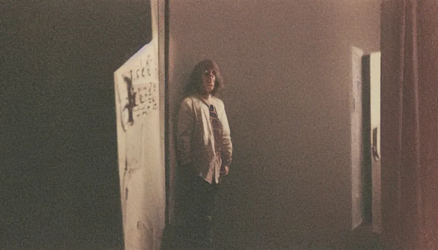 Image similar to 7 0 s film still from a horror movie featuring a person suffering from treacher collins syndrome standing alone in a liminal space, kodachrome, cinecolor, cinestill, photorealism, cinematic, film grain, film texture, vhs recording