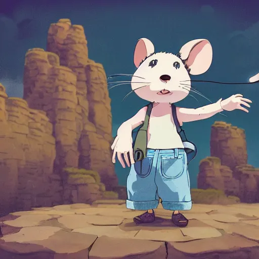 Image similar to in the style of studio ghibli, anthropomorphic mouse, female, wearing denim shorts and tank top, detailed, intricate, aesthetic, artistic, ambient occlusion, volumetric light effect, 8 k resolution