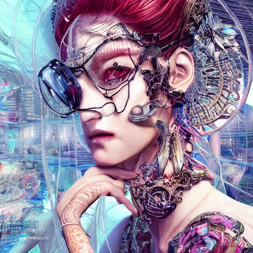 Prompt: the portrait of an absurdly beautiful, graceful, elegant, sophisticated, fashionable cyberpunk gravure idol, an ultrafine hyperdetailed illustration by kim jung gi, irakli nadar, vania zouravliov, intricate linework, bright colors, porcelain skin, unreal engine 5 highly rendered, global illumination, radiant light, detailed and intricate environment