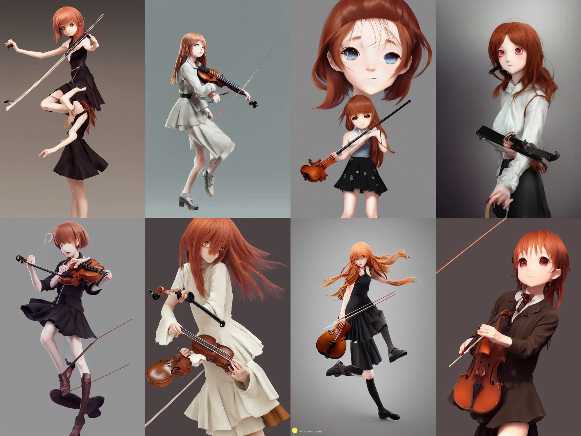 Prompt: Very complcated dynamic composition, realistic anime style at Pixiv, Zbrush sculpt colored, Octane render in Maya and Houdini VFX, young redhead girl in motion holding violin, wearing jacket and skirt, silky hair, black stunning deep eyes. By ilya kuvshinov, krenz cushart, Greg Rutkowski, trending on artstation. Amazing textured brush strokes. Cinematic dramatic soft volumetric studio lighting