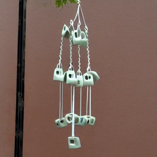 Prompt: This is a sketch of a wind chime made from the pieces of a broken mug. It shows the mug handle as the top piece with strings attached to it, and the bottom pieces of the mug hanging down like little bells