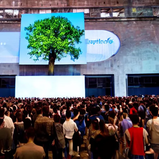 Image similar to a large crowd of people looking up at a large screen with tree displayed