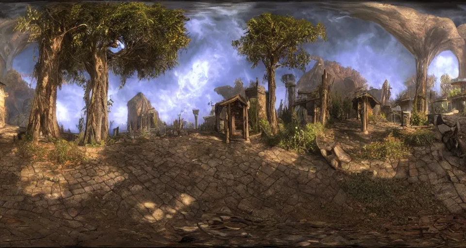 Image similar to A panoramic 360 photo of gameplay from the videogame 'The elder scrolls 3: Morrowind' painted by James Gurney. Fantastic lighting. Colorful environment, rule of thirds, symmetrical balance, depth layering, polarizing filter, Sense of Depth, AI enhanced