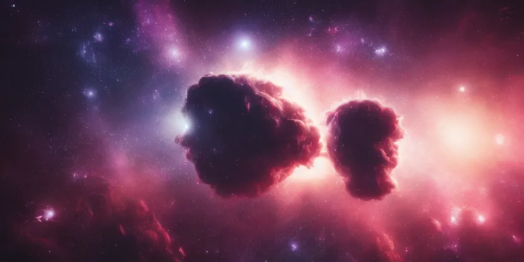 Image similar to the outer space nebulae are dark epic and beautiful, highly detailed, houdini simulation, octane render, majestic, mysterious, double - exposure, light, tones of black in background, sublime, soft lighting, ray tracing global illumination, translucid luminescence, lumen reflections