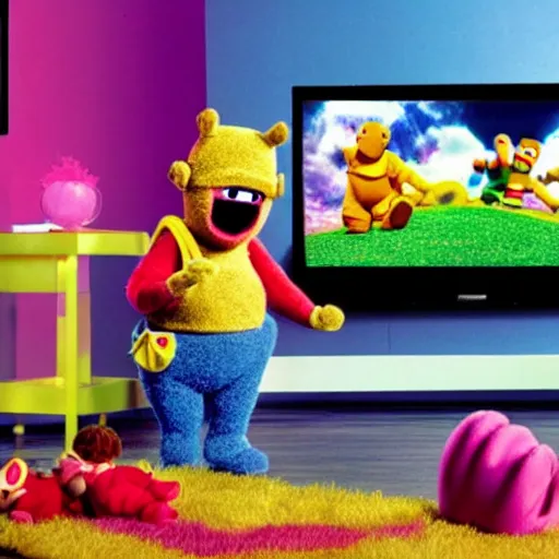 Image similar to teletubby with scary movie on his tv