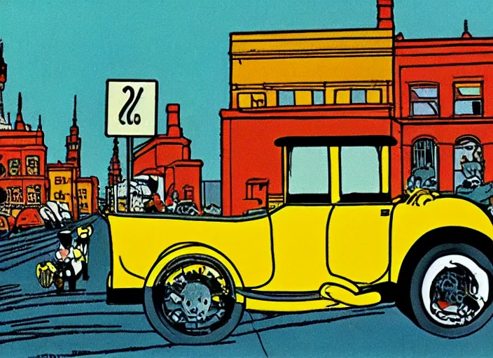 Image similar to hotrods driving down a street , vintage, highly detailed, by Hergé