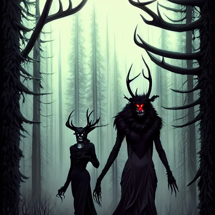 Image similar to style artgerm, joshua middleton, steve niles, gerald brom, scary wendigo with antlers and skull face mixed with werewolf, beautiful witch wearing a black dress on the right side, in the forest, detailed, dark and foggy, cinematic lighting